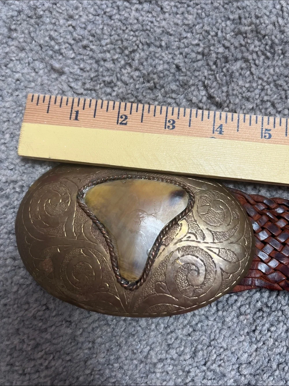 Dairi Moroccan Woven Leather Belt with Etched Brass Buckle and Stone
